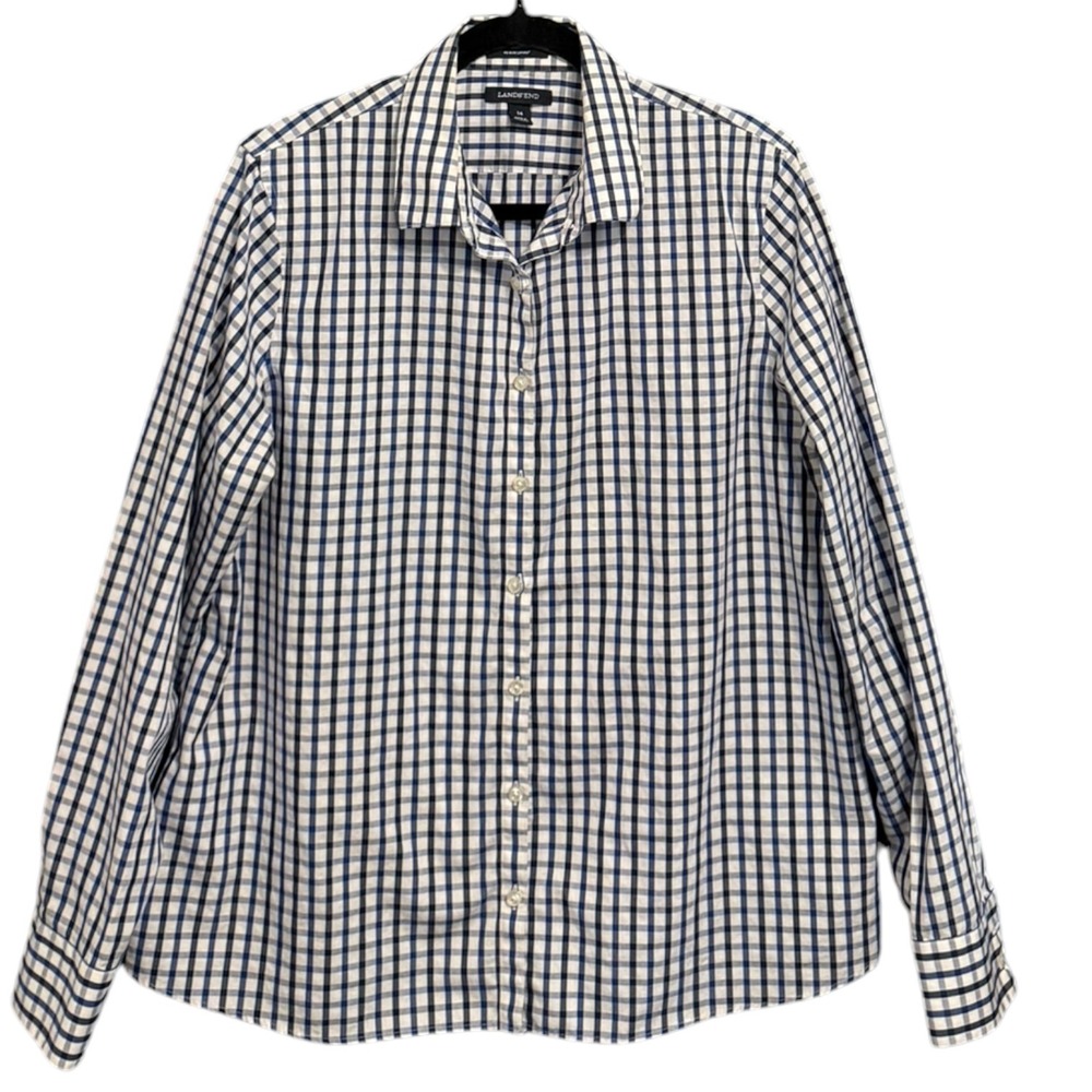 Lands End No Iron Supima Cotton Gingham Button Down Shirt Blue White Womens 14